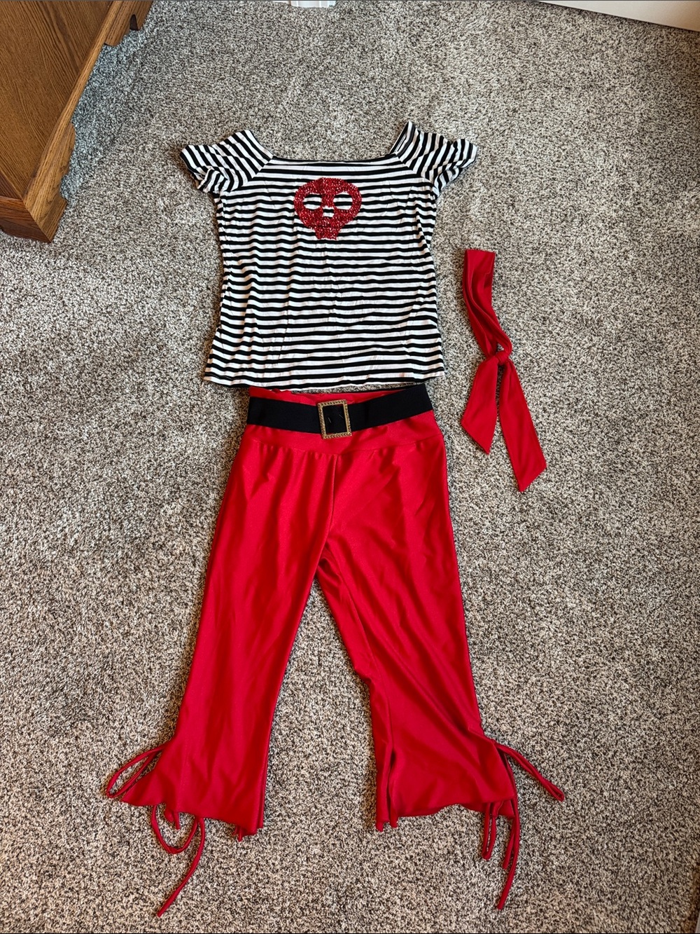 Pirate Costume Set with Striped Top, belt, head scarf, and bottoms.